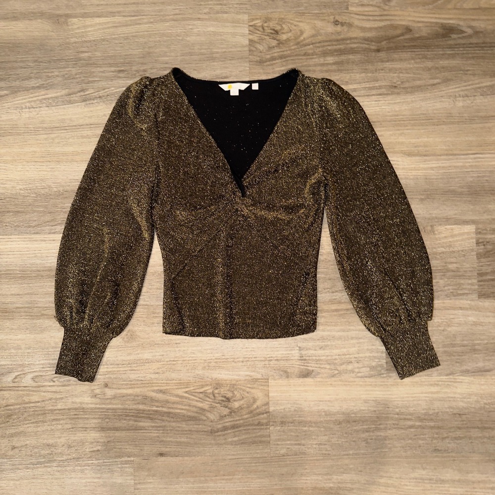 Boden Gold‎ Metallic V Neck Blouse Puff Sleeve Party Top Women's US 6